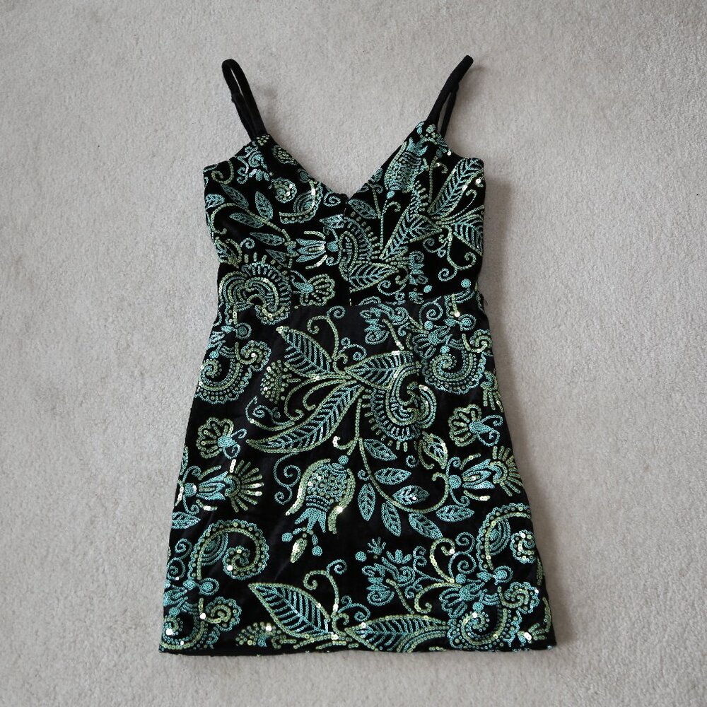 NWOT COSMOPOLITAN SEQUIN SPARKLE MINI DRESS TURQUOISE BLACK XS